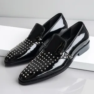 Black Patent Leather Spike Opaly Slip On Studded Loafers - SS23