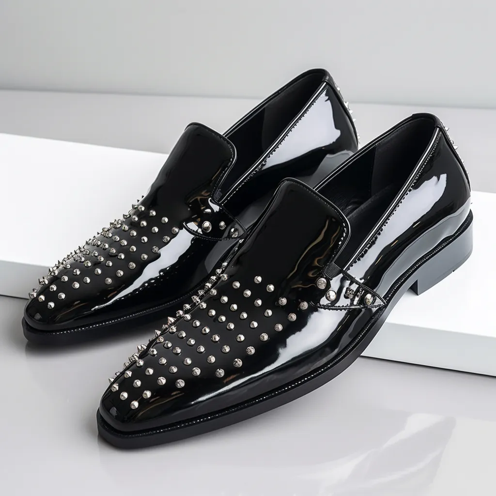 Black Patent Leather Spike Opaly Slip On Studded Loafers - SS23