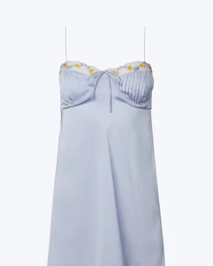 Bustier Floral-Embroidered Open-Back Satin Mini Dress in Light Blue | Light Blue