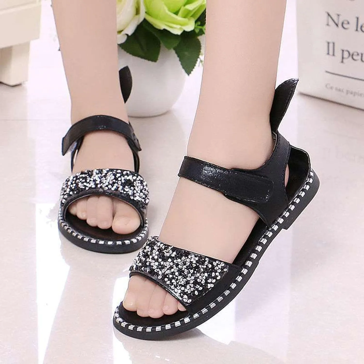 Chips Rhinestones Sequins Flat Sandals for Girls Soft Sole Non-Slip Open Toe Adjustable Strap Ballet School Shoes