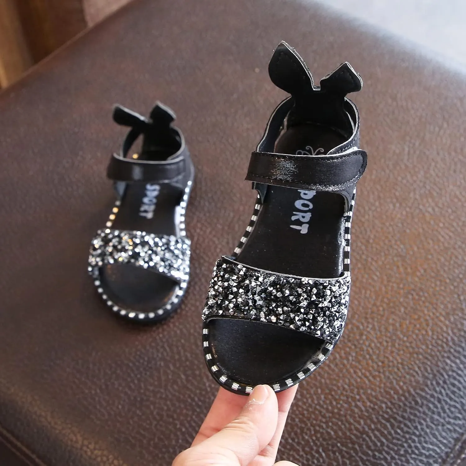 Chips Rhinestones Sequins Flat Sandals for Girls Soft Sole Non-Slip Open Toe Adjustable Strap Ballet School Shoes