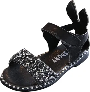 Chips Rhinestones Sequins Flat Sandals for Girls Soft Sole Non-Slip Open Toe Adjustable Strap Ballet School Shoes