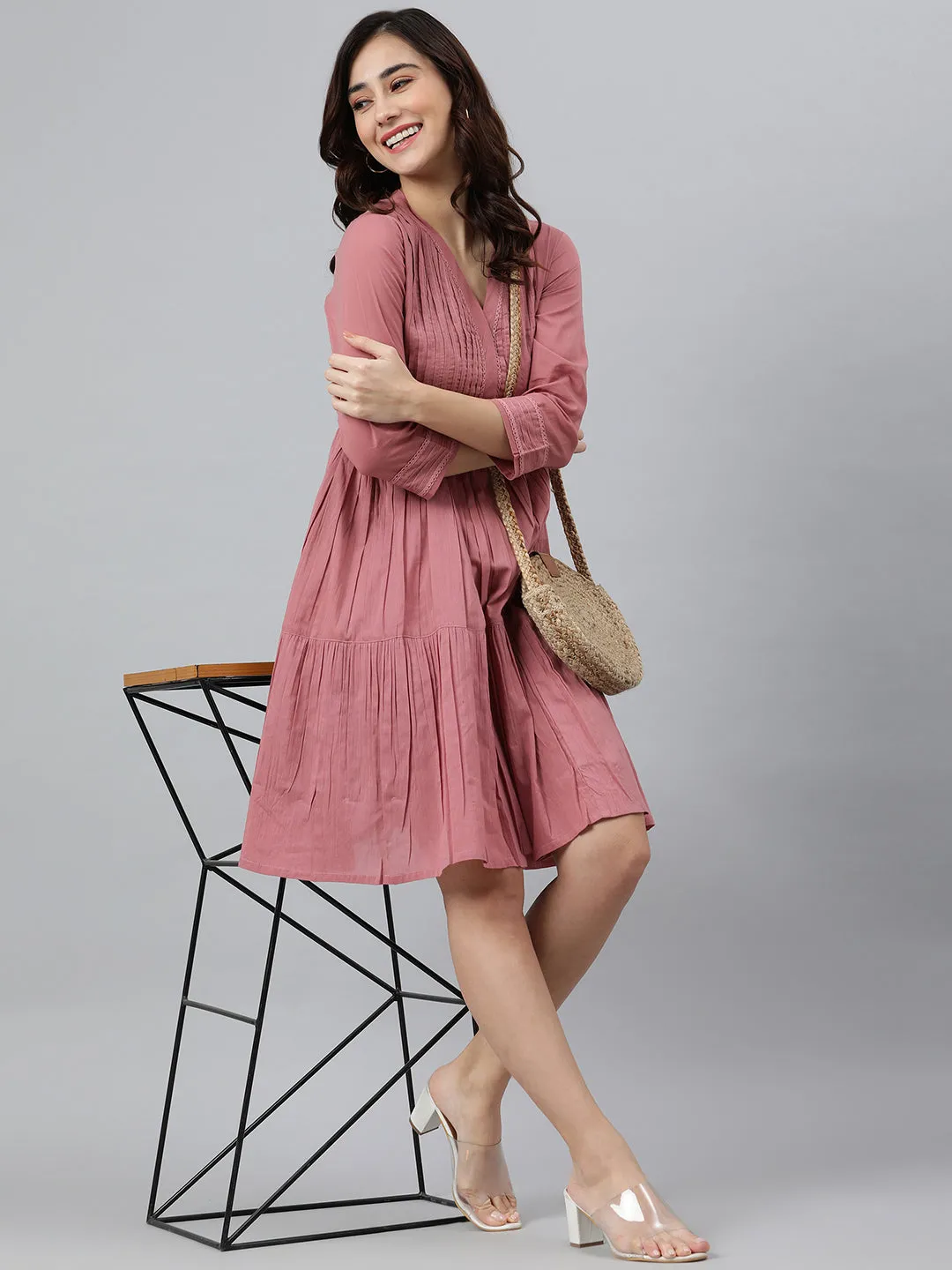 Coral Pink Cotton Western Dress