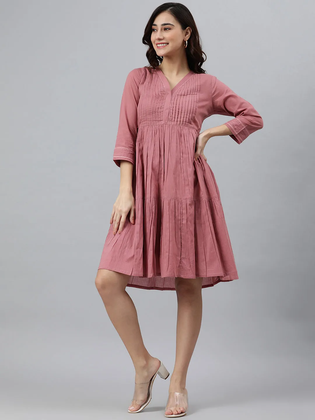 Coral Pink Cotton Western Dress