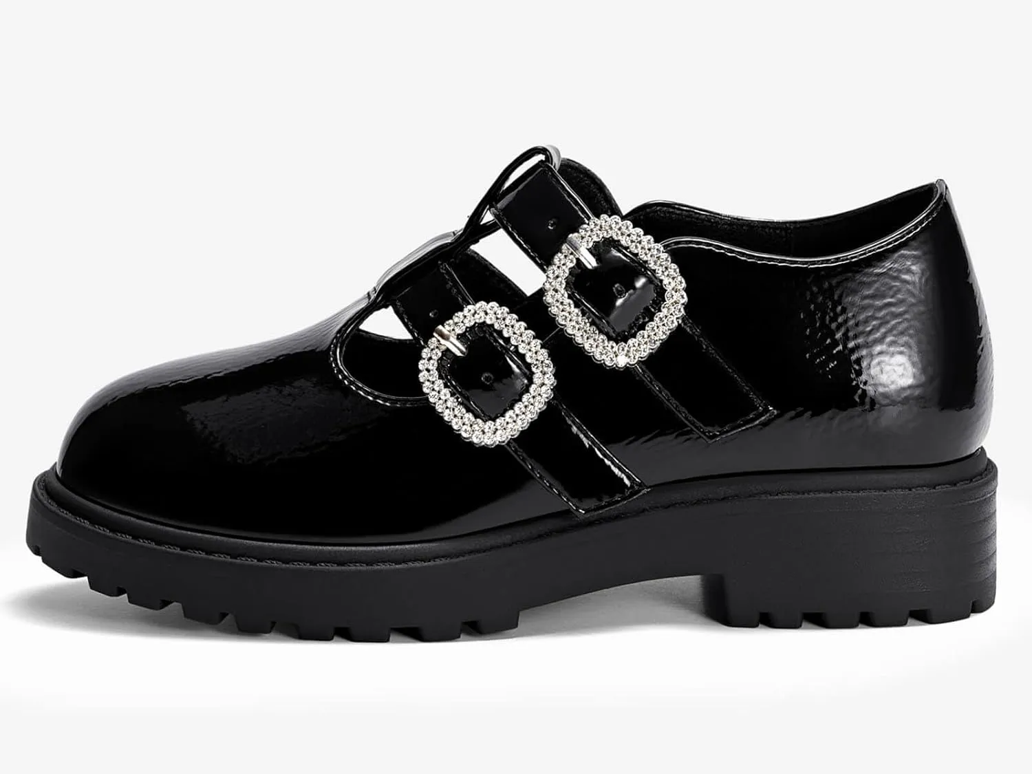 Coutgo Girls Mary Jane Shoes Platform Rhinestone T-Strap Chunky Block Heel Leather School Uniform Shoes