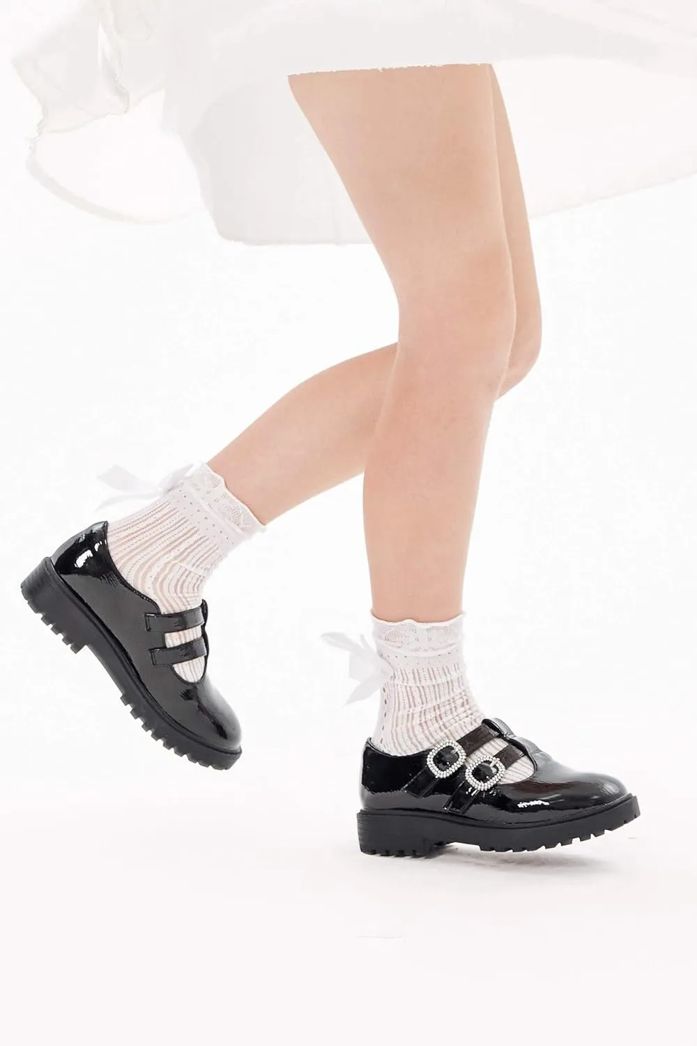Coutgo Girls Mary Jane Shoes Platform Rhinestone T-Strap Chunky Block Heel Leather School Uniform Shoes