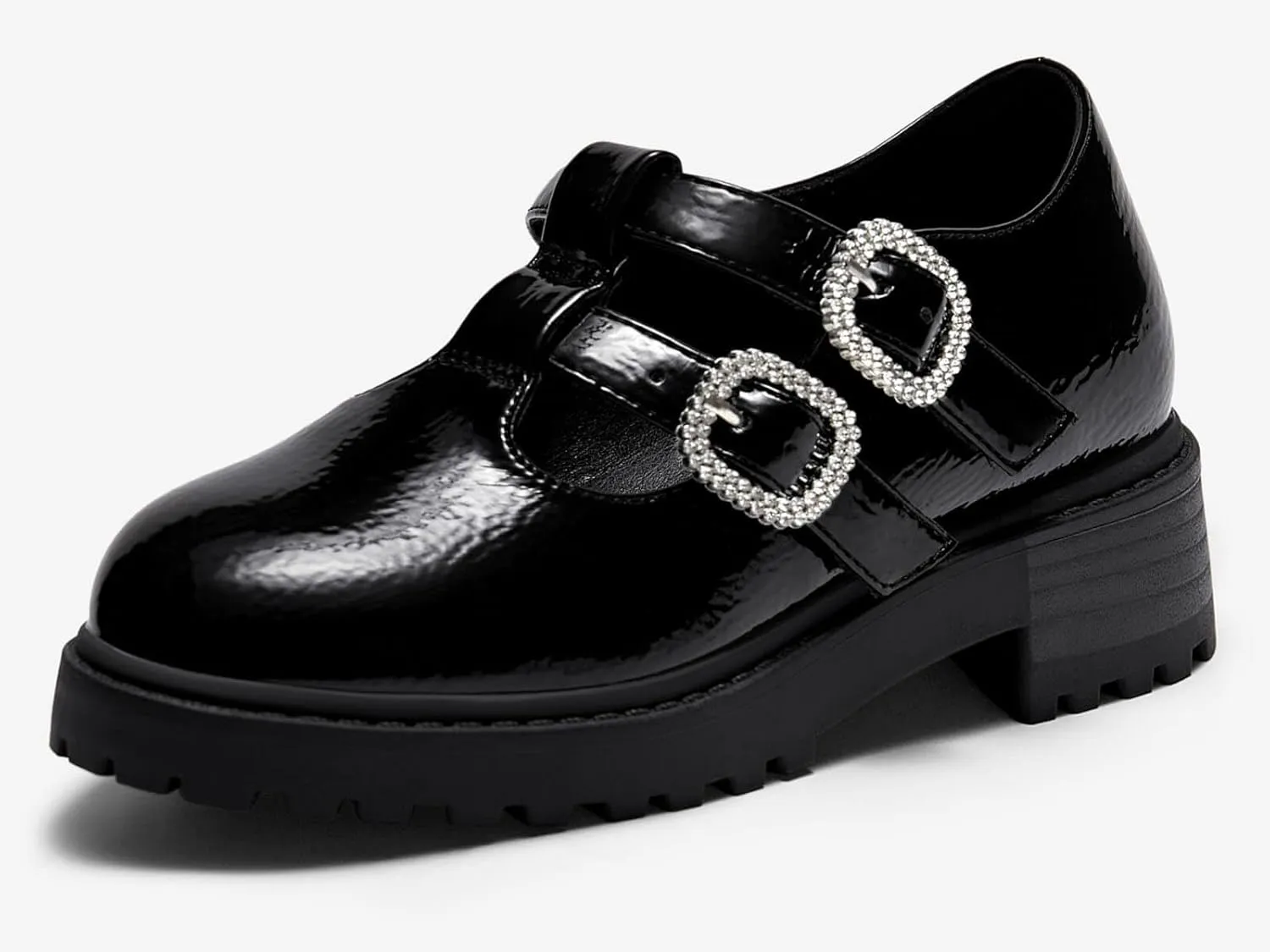 Coutgo Girls Mary Jane Shoes Platform Rhinestone T-Strap Chunky Block Heel Leather School Uniform Shoes