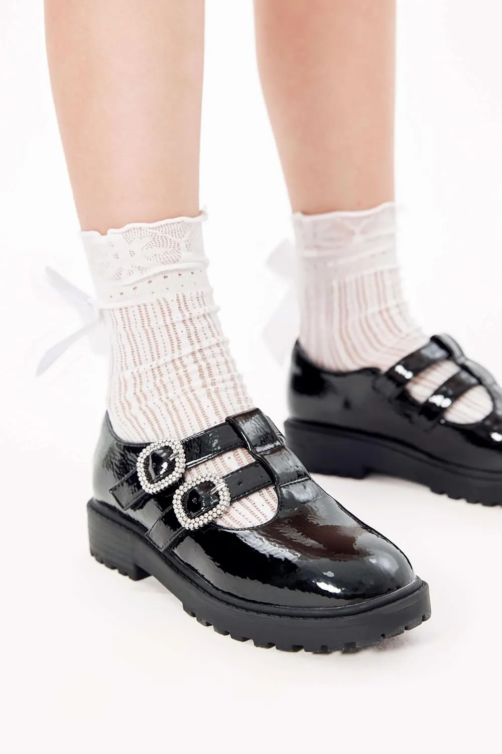 Coutgo Girls Mary Jane Shoes Platform Rhinestone T-Strap Chunky Block Heel Leather School Uniform Shoes