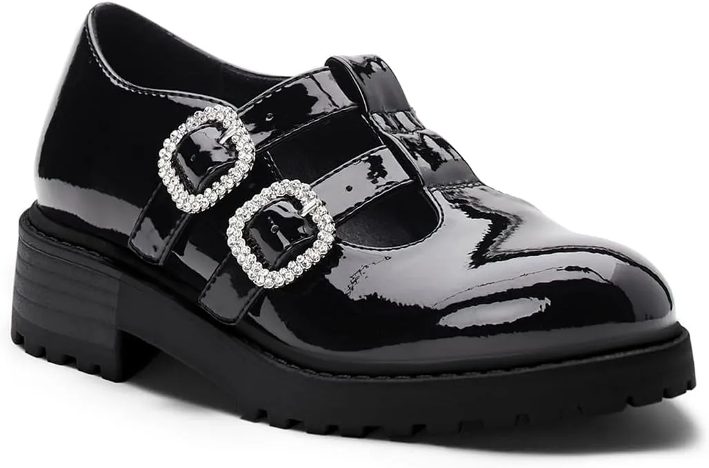 Coutgo Girls Mary Jane Shoes Platform Rhinestone T-Strap Chunky Block Heel Leather School Uniform Shoes