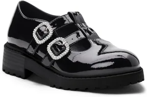 Coutgo Girls Mary Jane Shoes Platform Rhinestone T-Strap Chunky Block Heel Leather School Uniform Shoes
