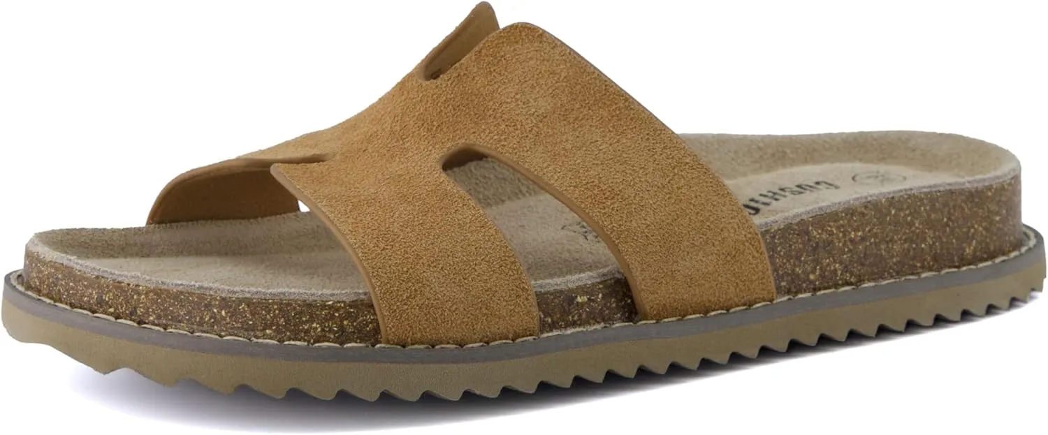 CUSHIONAIRE Wisdom Womens Sandals Cutout Strap Genuine Leather Slides  Slip On Cork Footbed Sandals for Women 2025