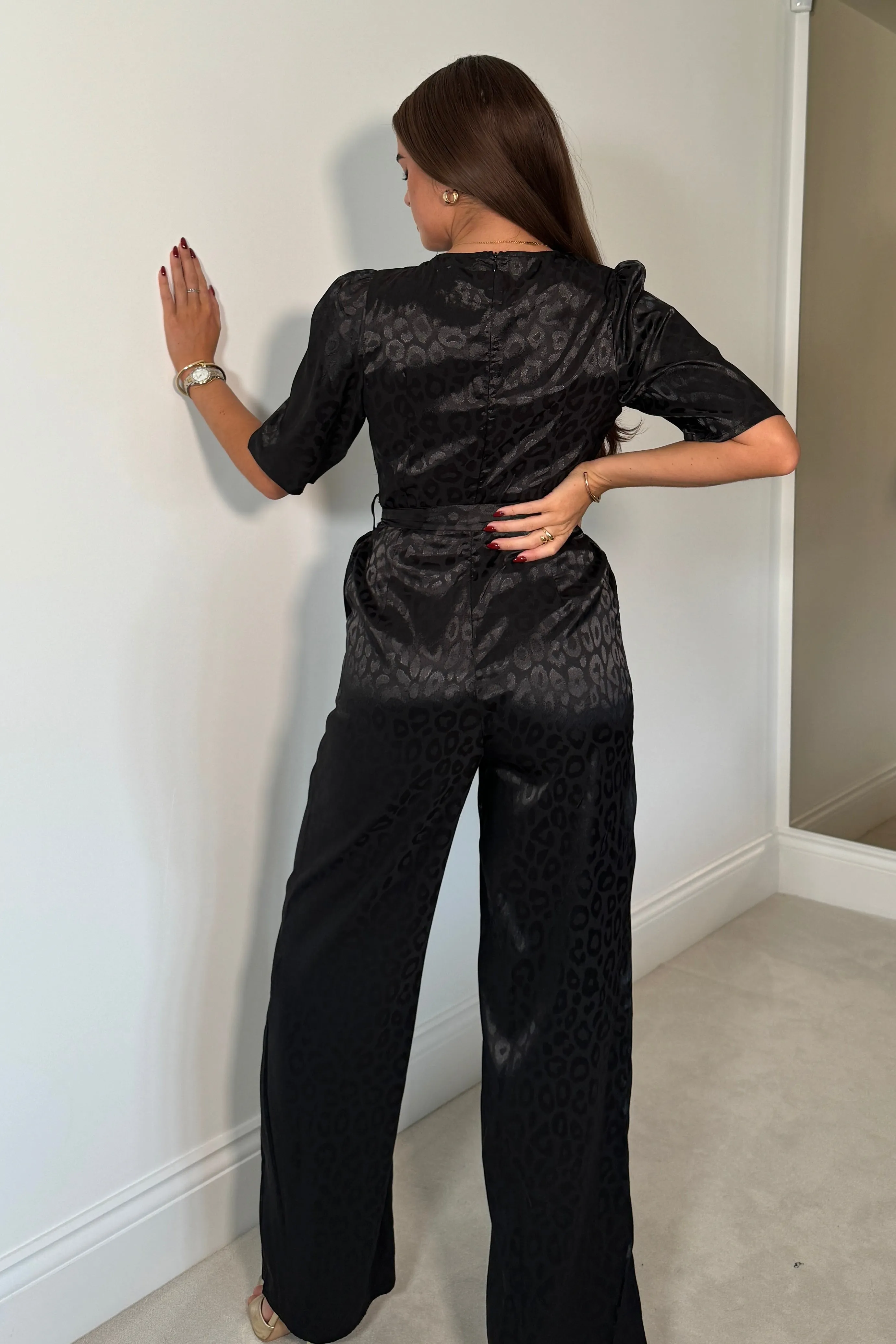 Delilah Black Leopard 3/4 Sleeve Wide Leg Jumpsuit