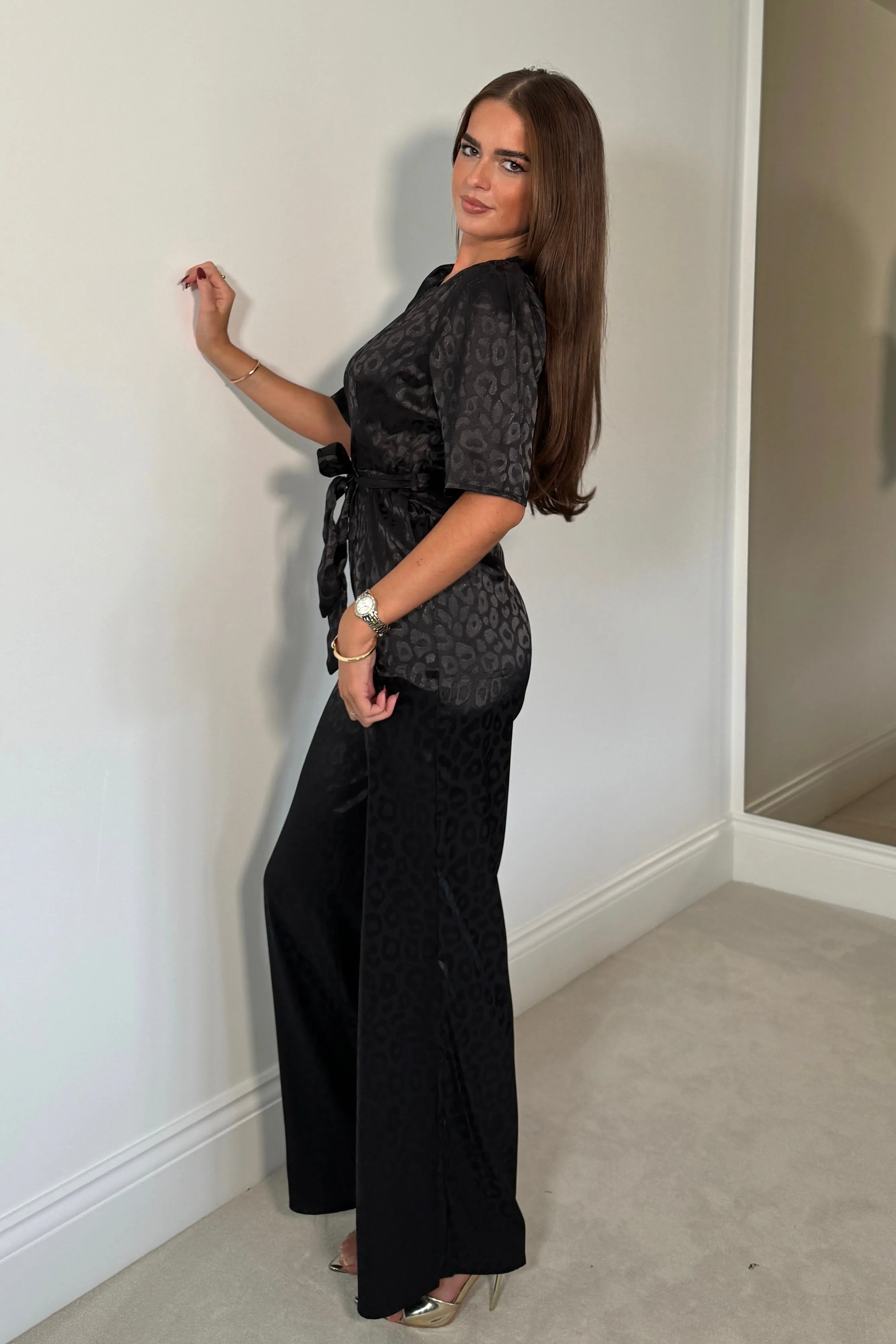 Delilah Black Leopard 3/4 Sleeve Wide Leg Jumpsuit