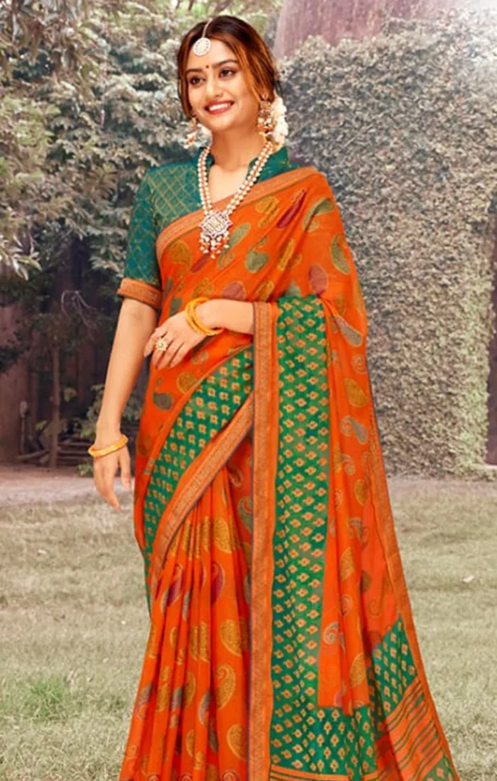 Designer Orange/Green Chiffon Printed Saree for Casual Wear (D469)