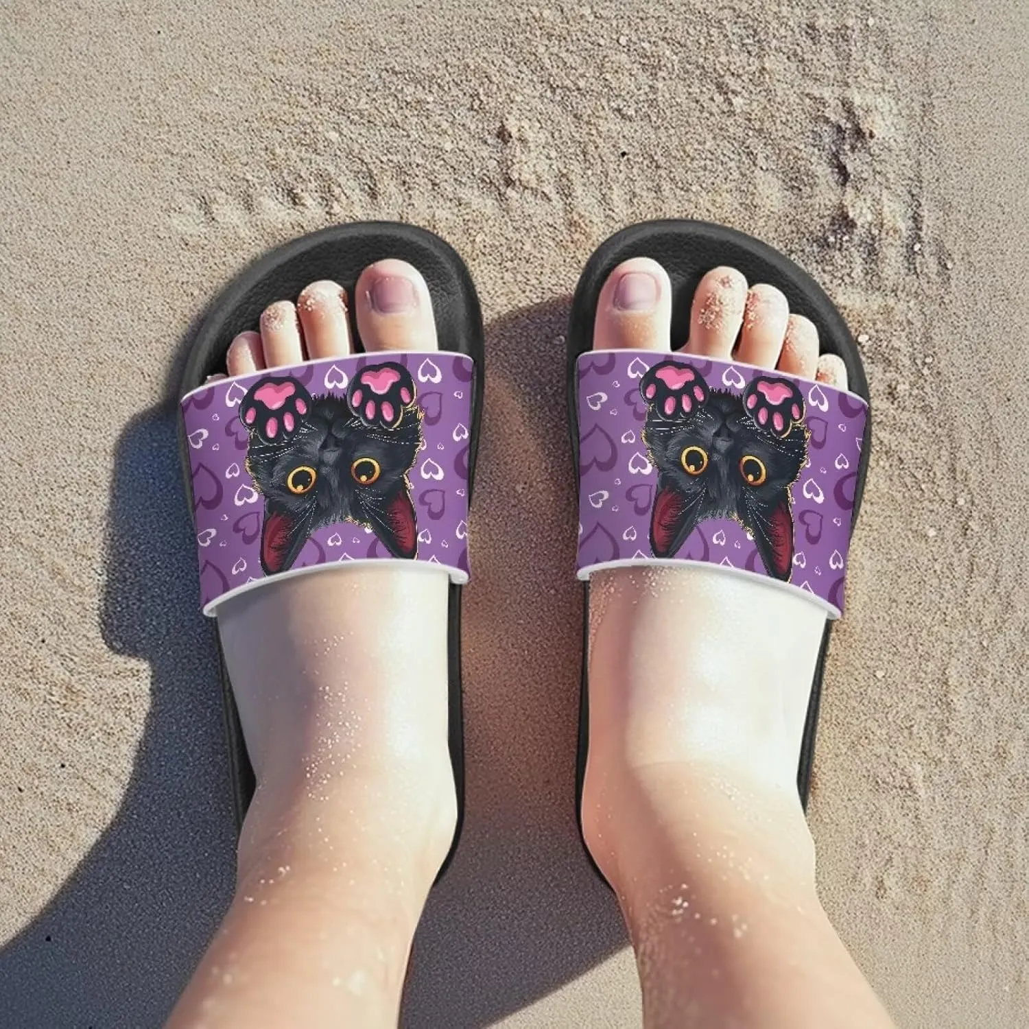Doojoayie Cute Cat Theme Kids Girls Slide Sandals with Arch Support for Outdoor Play