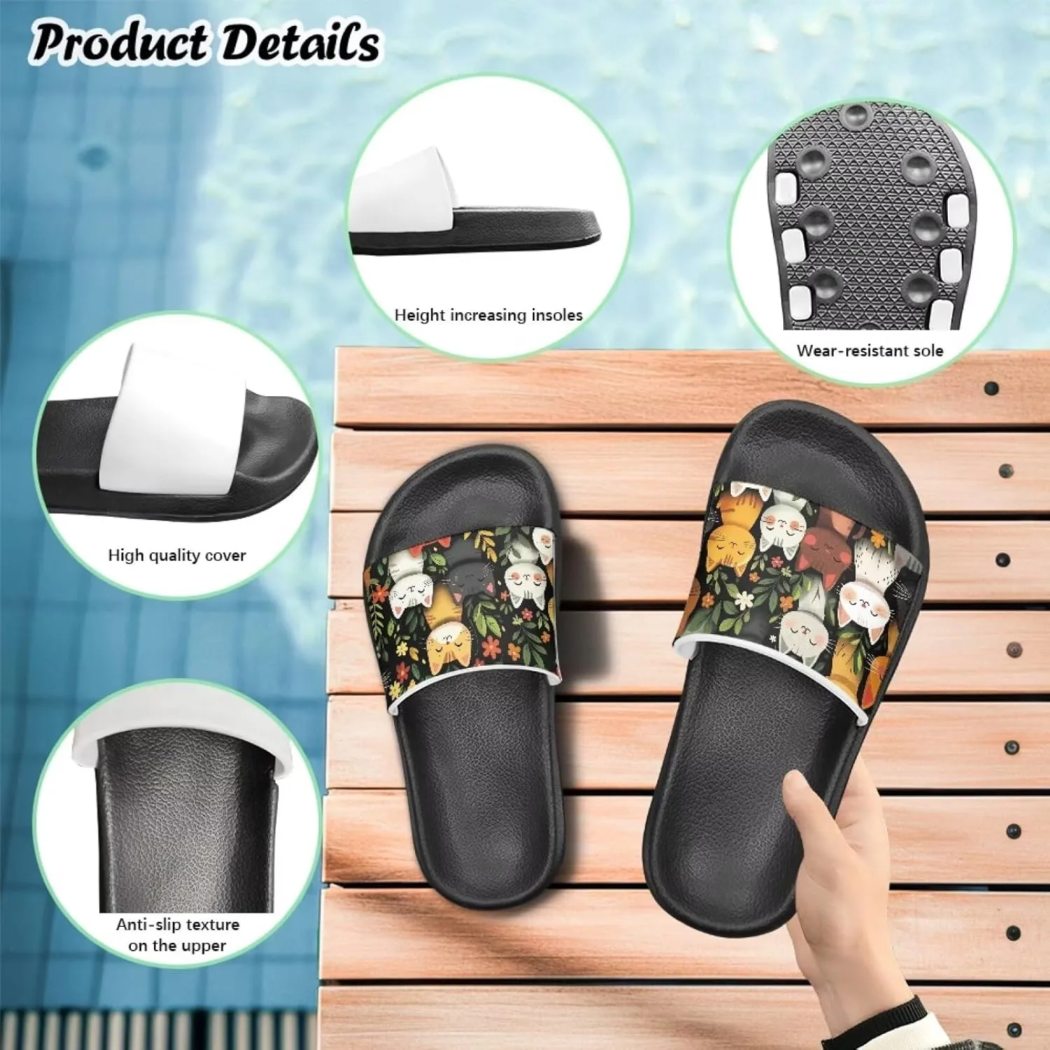 Doojoayie Cute Cat Theme Kids Girls Slide Sandals with Arch Support for Outdoor Play