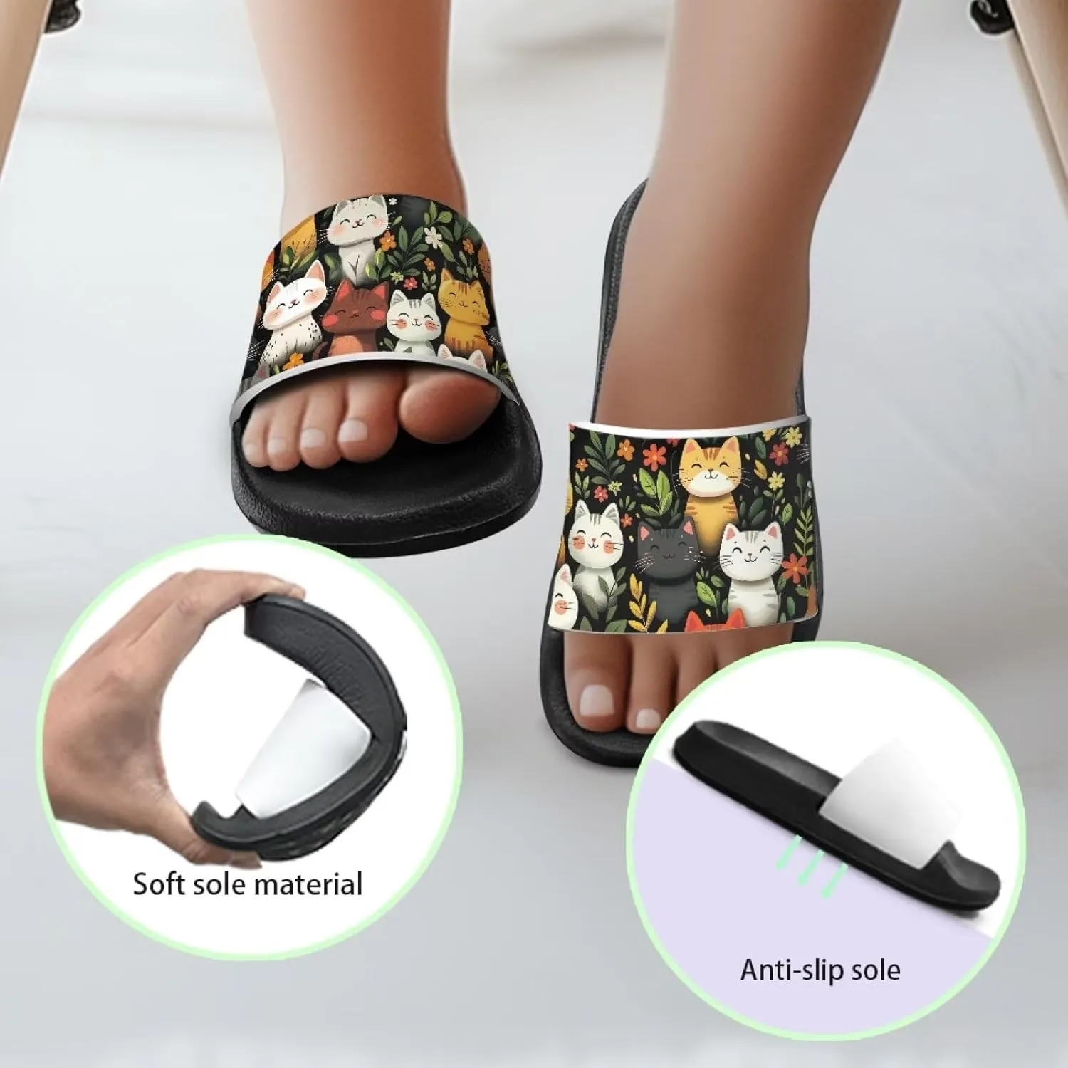 Doojoayie Cute Cat Theme Kids Girls Slide Sandals with Arch Support for Outdoor Play