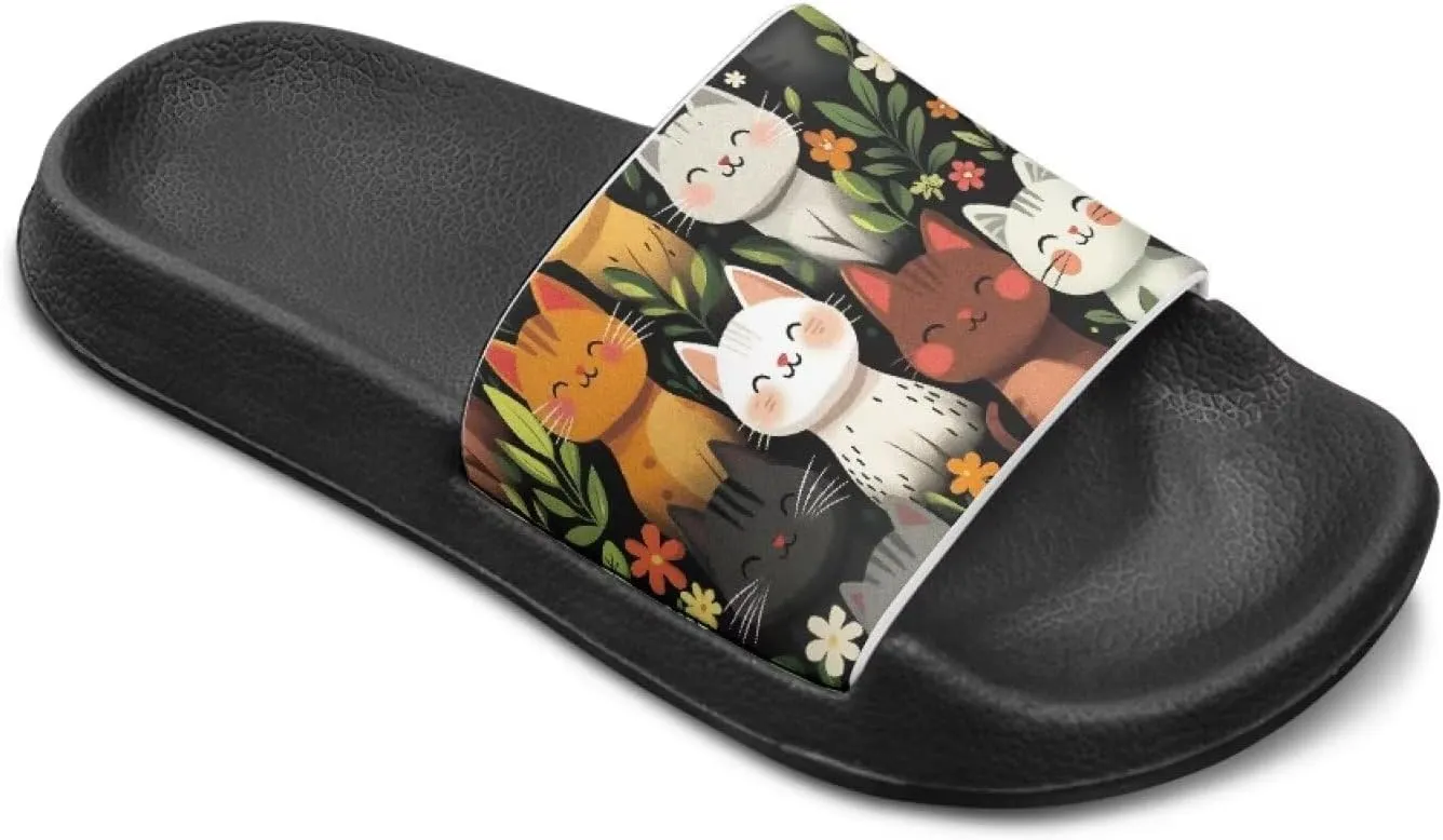 Doojoayie Cute Cat Theme Kids Girls Slide Sandals with Arch Support for Outdoor Play