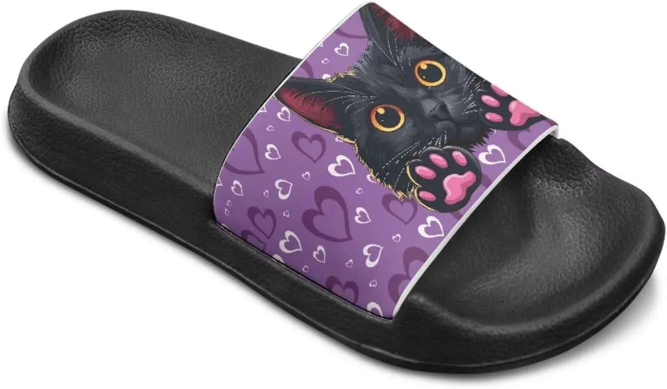 Doojoayie Cute Cat Theme Kids Girls Slide Sandals with Arch Support for Outdoor Play