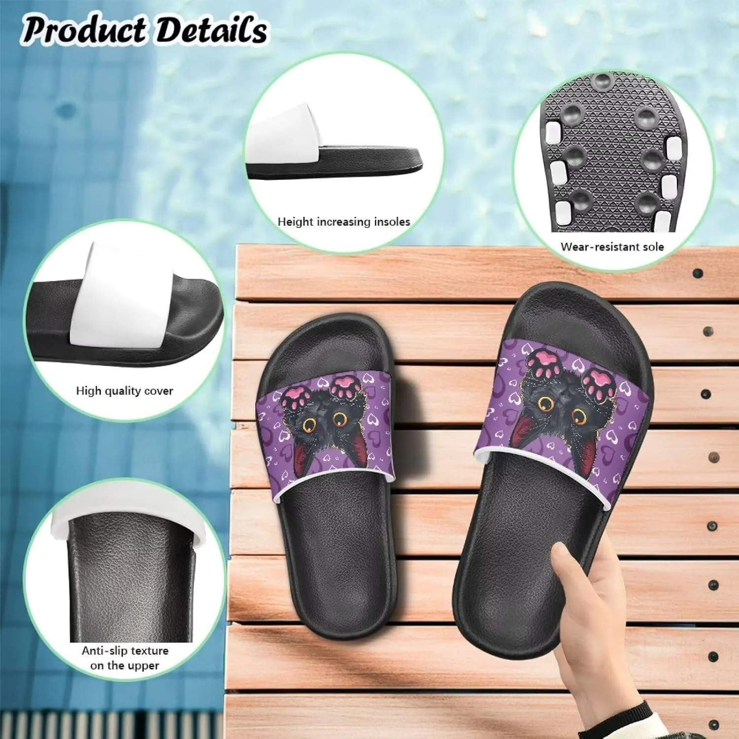 Doojoayie Cute Cat Theme Kids Girls Slide Sandals with Arch Support for Outdoor Play
