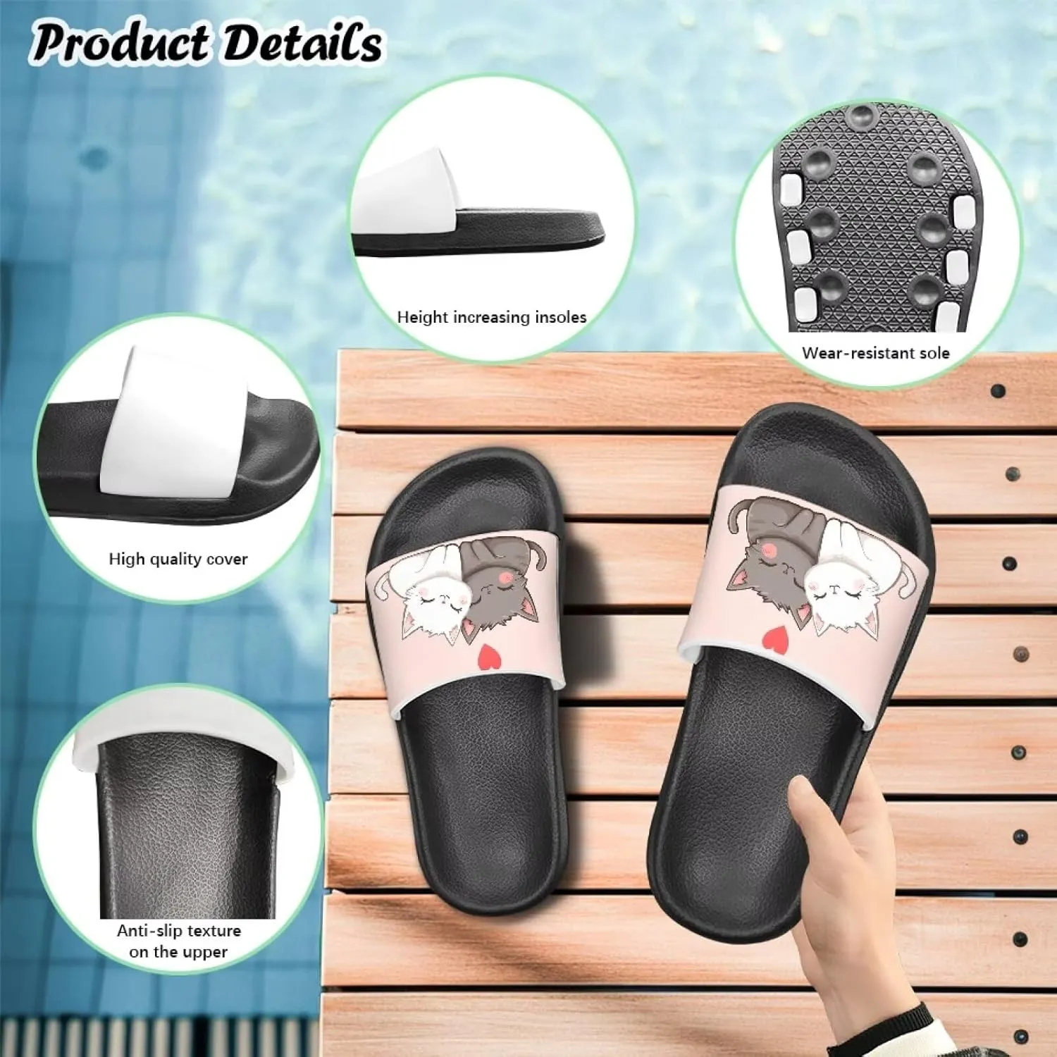 Doojoayie Cute Cat Theme Kids Girls Slide Sandals with Arch Support for Outdoor Play