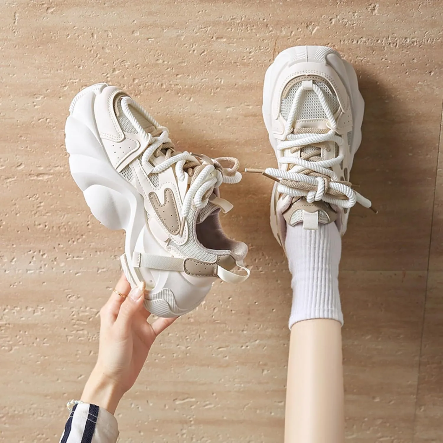 Fashion Breathable Mesh Lace Up Chunky Platform Sneakers for Women Lightweight Soft Non-Slip Round Toe Walking Casual Workout Daily Party Shoes