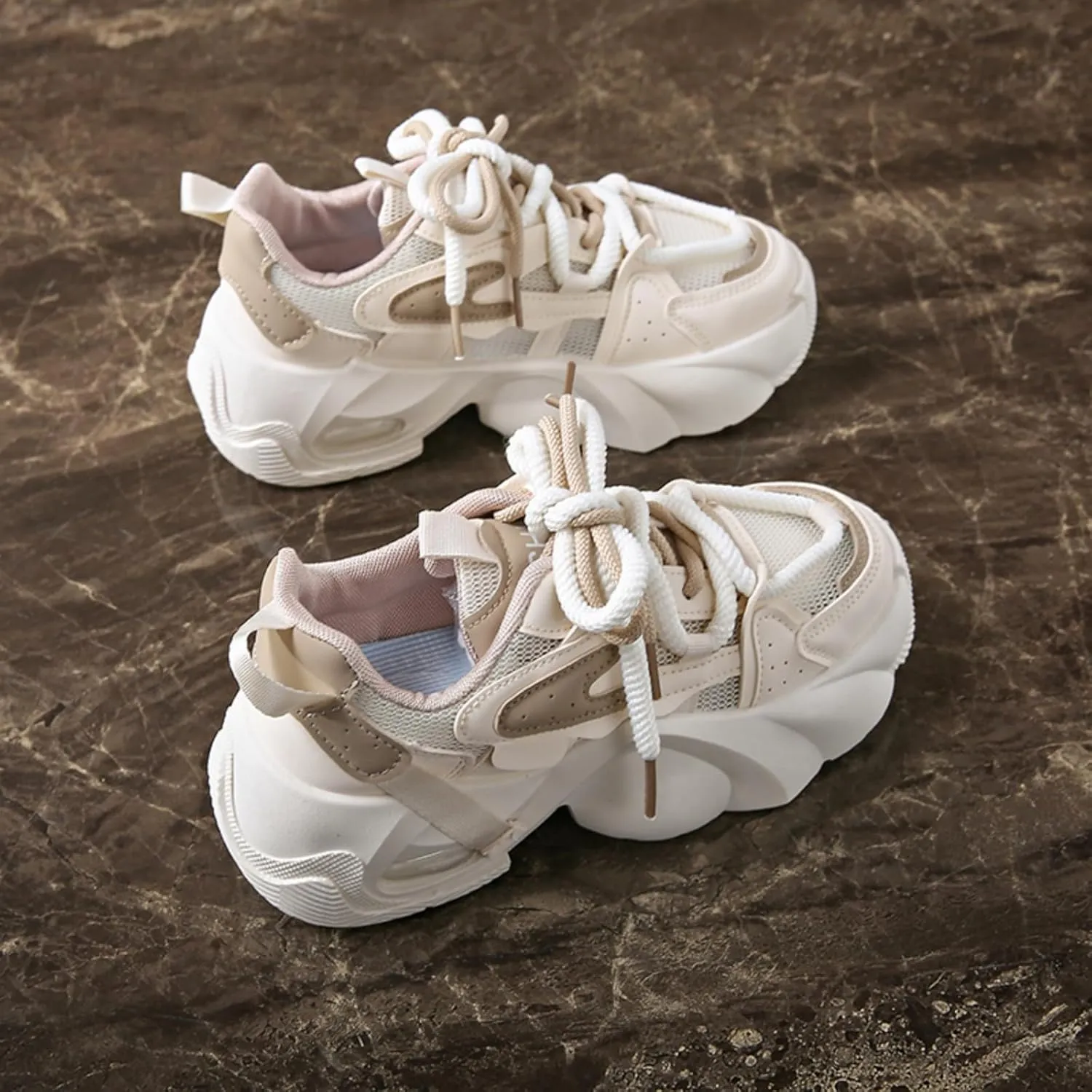 Fashion Breathable Mesh Lace Up Chunky Platform Sneakers for Women Lightweight Soft Non-Slip Round Toe Walking Casual Workout Daily Party Shoes
