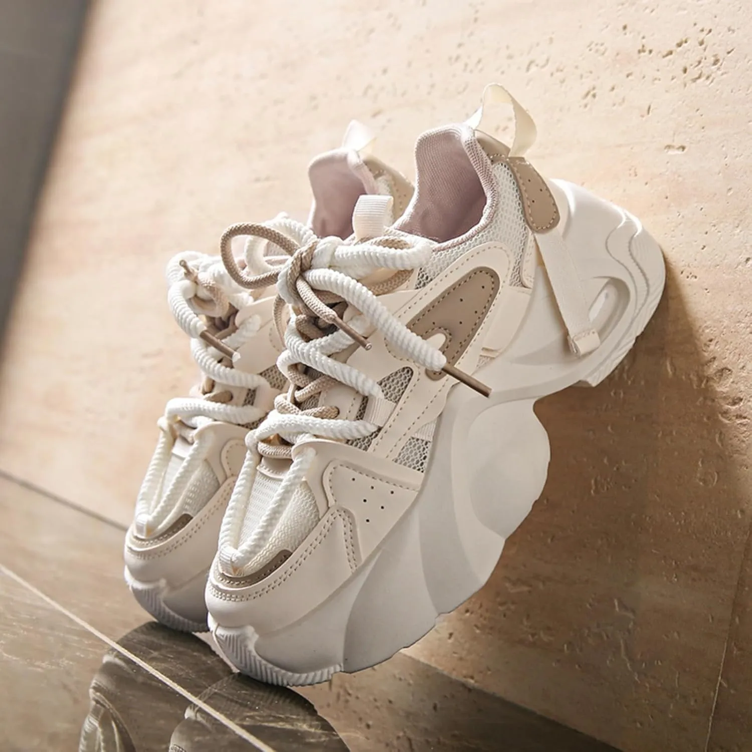 Fashion Breathable Mesh Lace Up Chunky Platform Sneakers for Women Lightweight Soft Non-Slip Round Toe Walking Casual Workout Daily Party Shoes