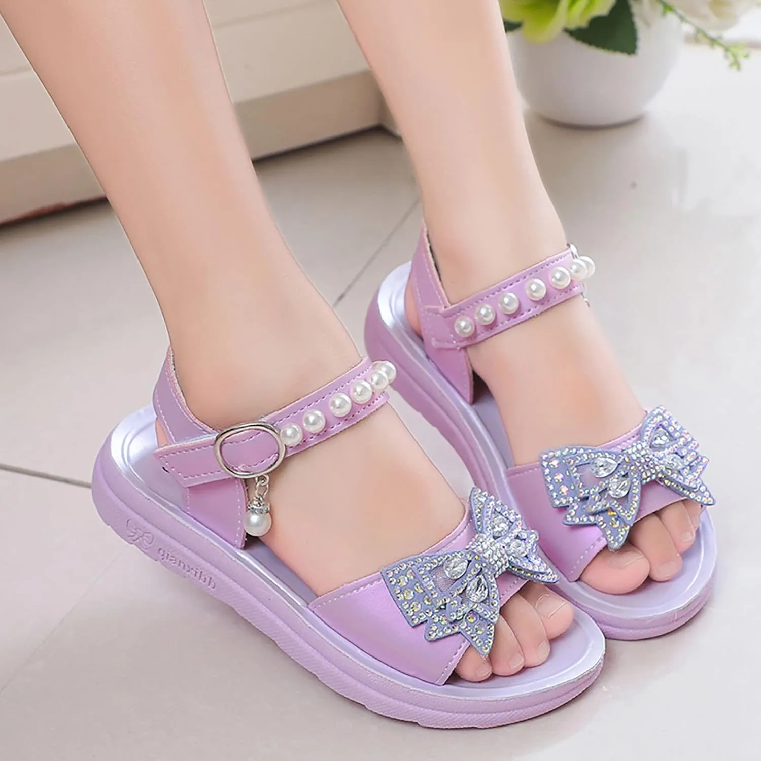 Flying Butterfly Sandals for Girls Princess 3D Rhinestone Pearl Dress Shoes Open Toe Flower Girls Ankle Strap Flats