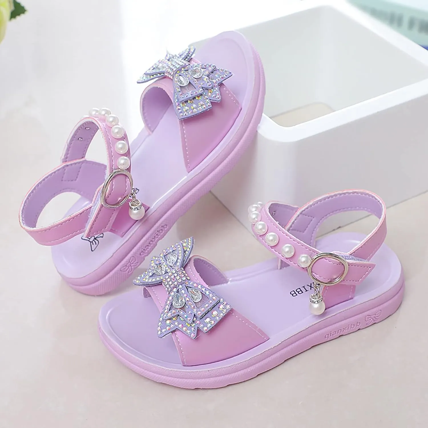 Flying Butterfly Sandals for Girls Princess 3D Rhinestone Pearl Dress Shoes Open Toe Flower Girls Ankle Strap Flats