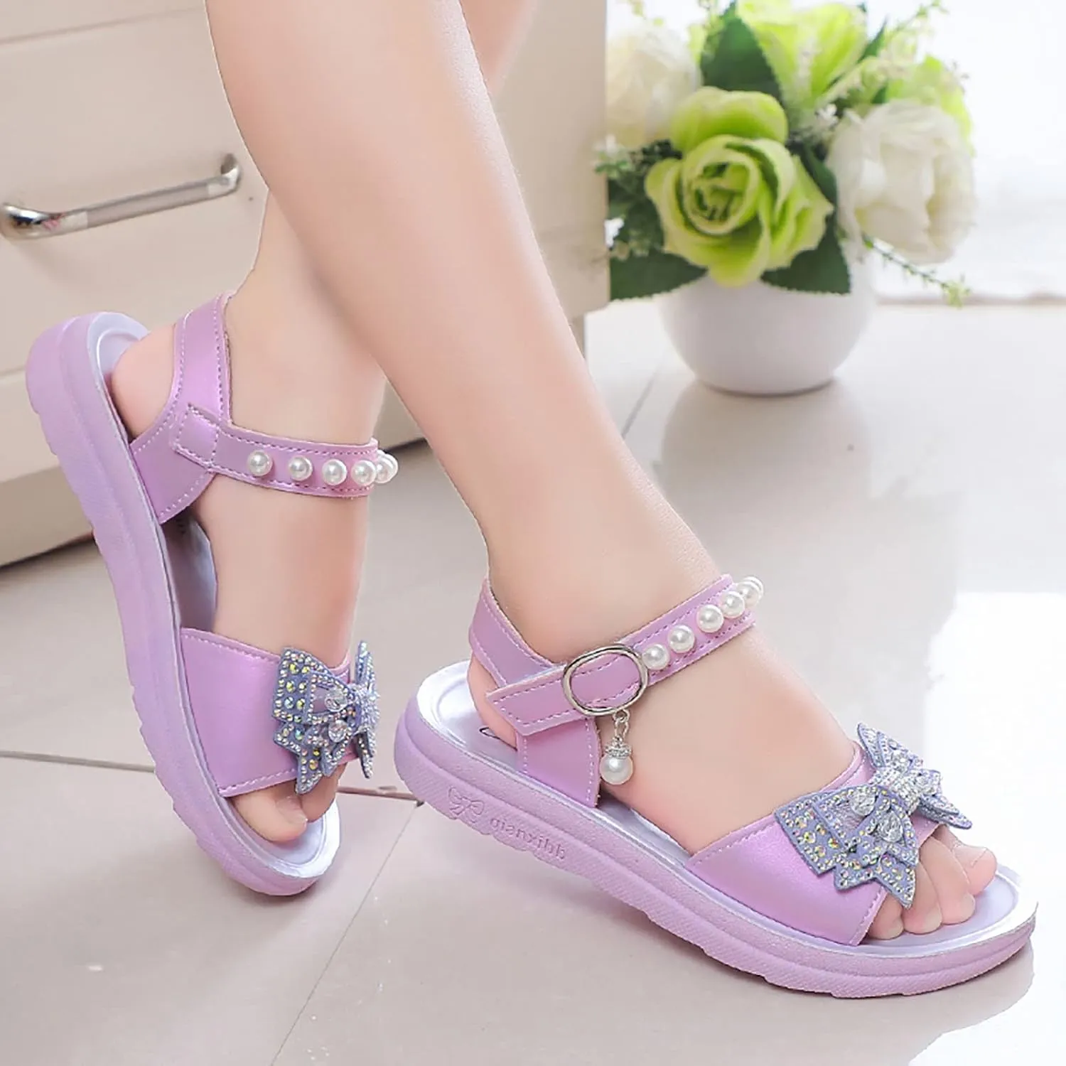 Flying Butterfly Sandals for Girls Princess 3D Rhinestone Pearl Dress Shoes Open Toe Flower Girls Ankle Strap Flats