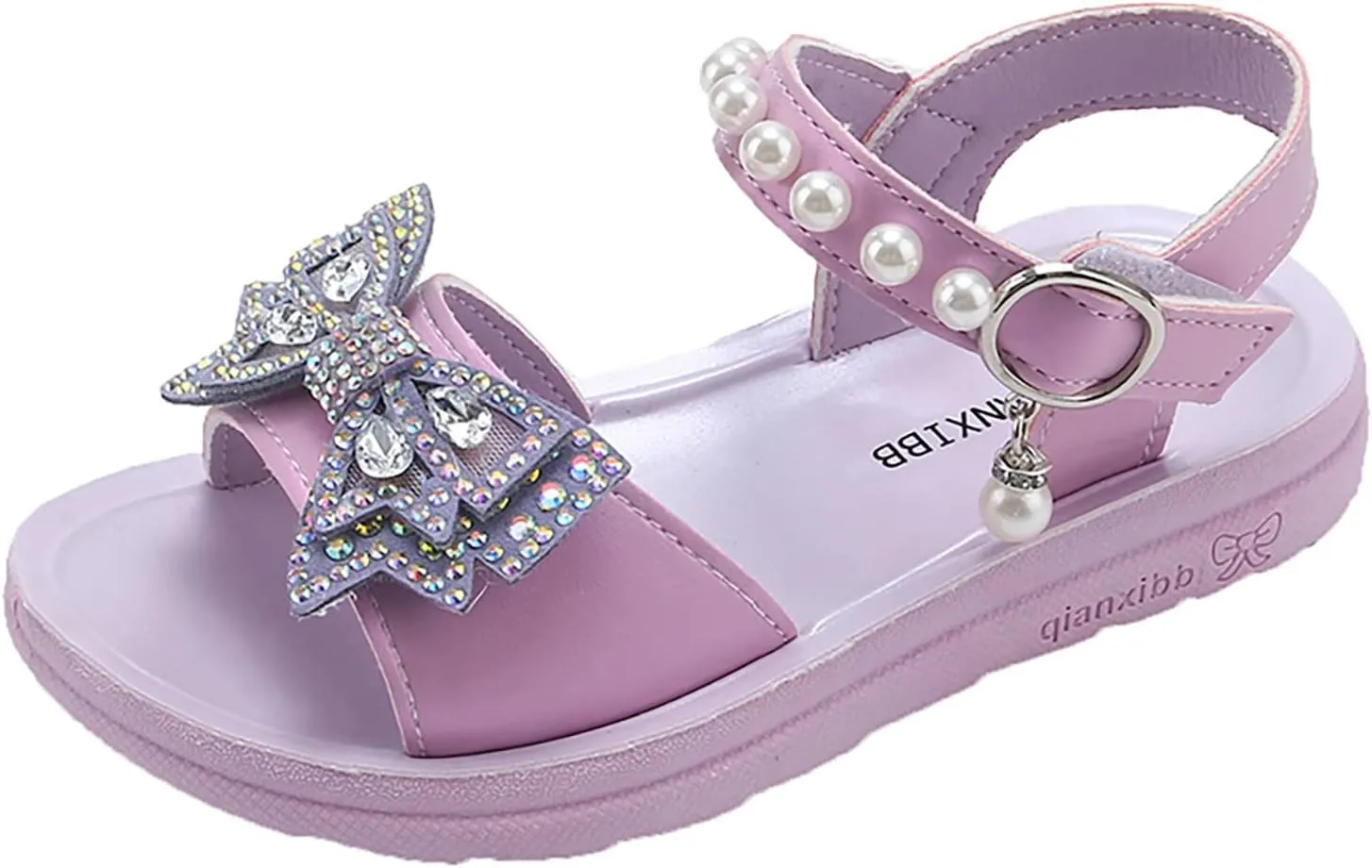 Flying Butterfly Sandals for Girls Princess 3D Rhinestone Pearl Dress Shoes Open Toe Flower Girls Ankle Strap Flats