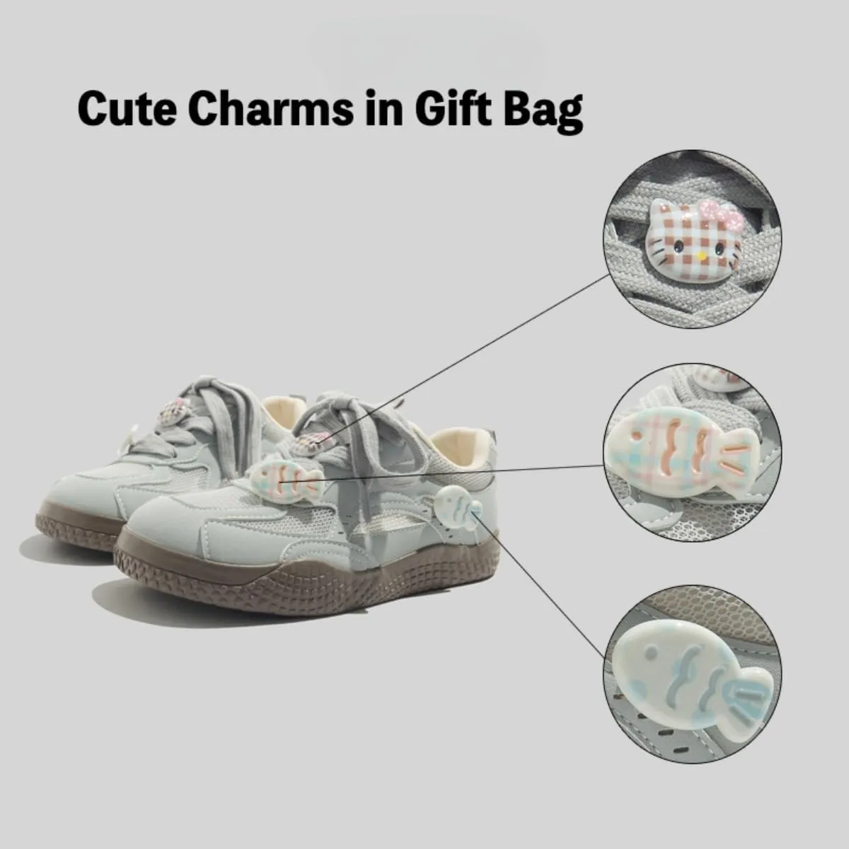 Girls Chunky Sneaker with Cat Fishy Cute Charms - Lightweight Running Non-Slipe Casual Training Shoes