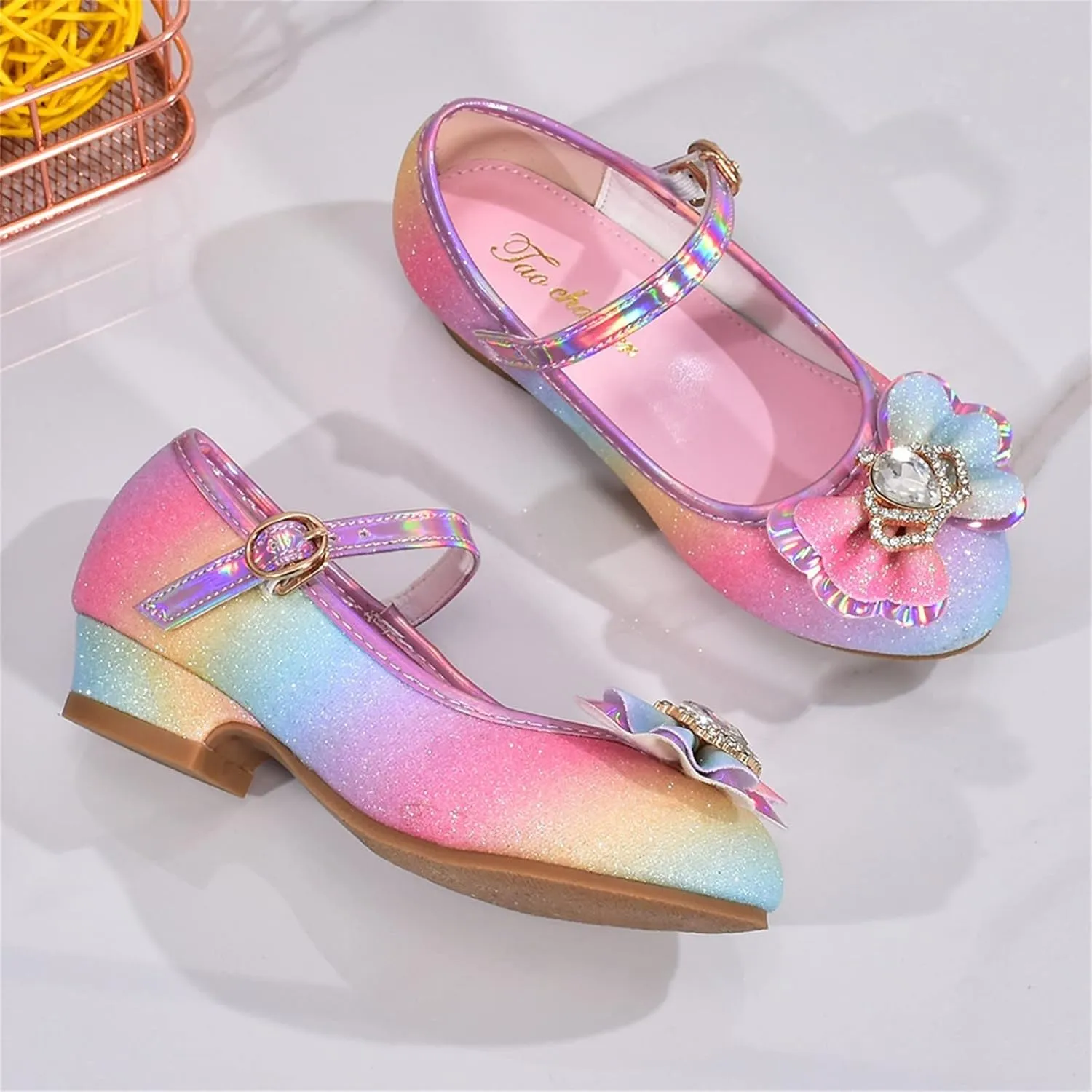 Girls Colorful Bow Shiny Mary Jane Low Heel Princess Dress Up Shoes Kids Wedding Party Pump Shoes Formal Sandals