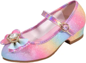 Girls Colorful Bow Shiny Mary Jane Low Heel Princess Dress Up Shoes Kids Wedding Party Pump Shoes Formal Sandals