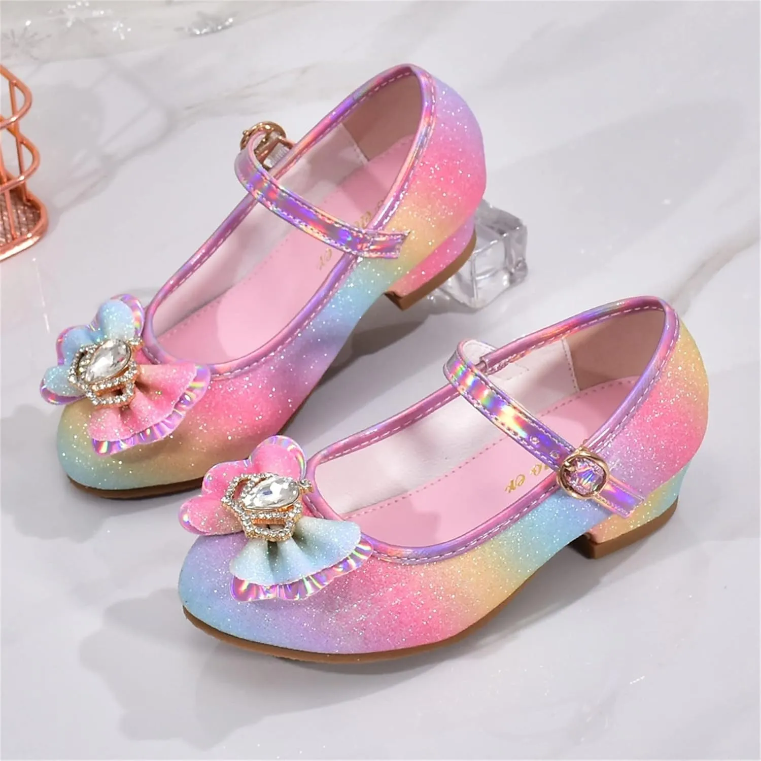 Girls Colorful Bow Shiny Mary Jane Low Heel Princess Dress Up Shoes Kids Wedding Party Pump Shoes Formal Sandals