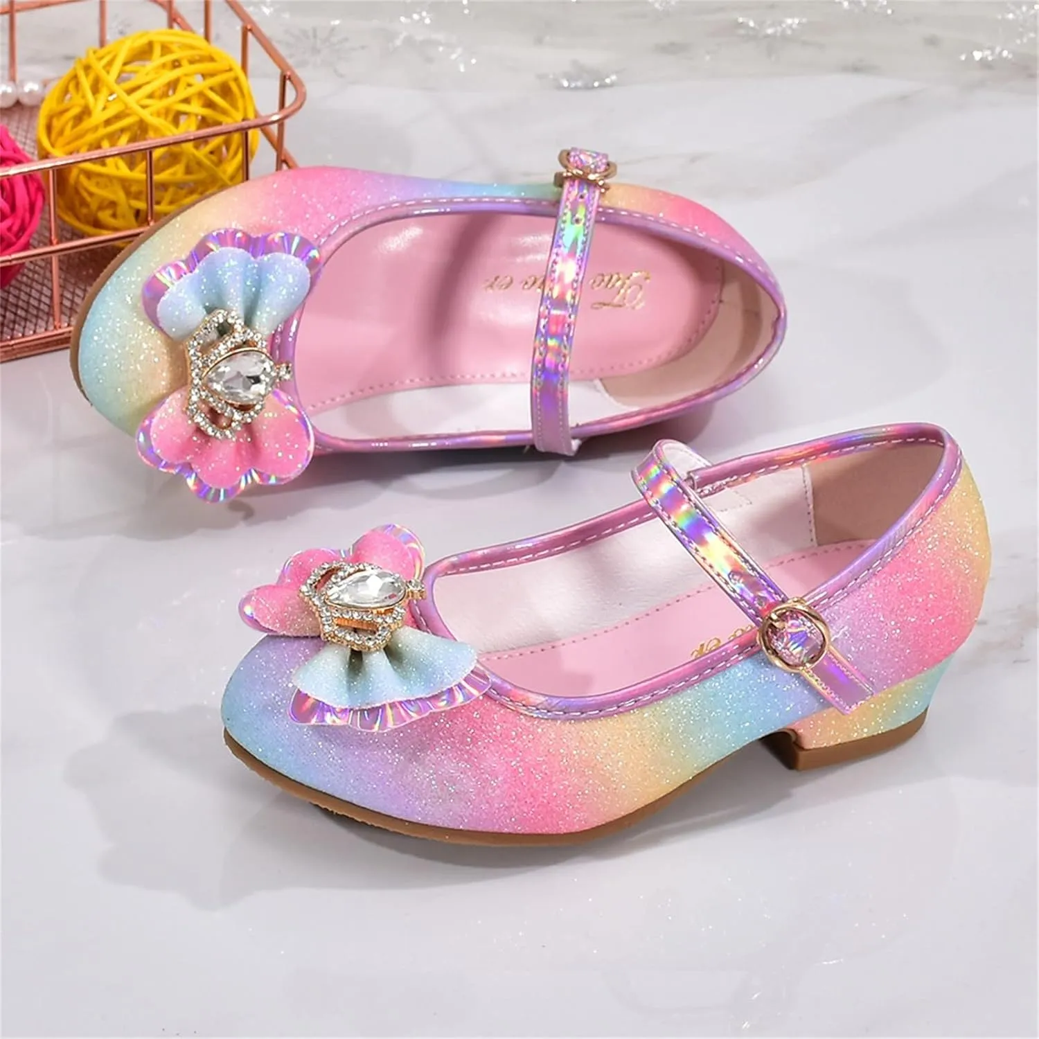 Girls Colorful Bow Shiny Mary Jane Low Heel Princess Dress Up Shoes Kids Wedding Party Pump Shoes Formal Sandals