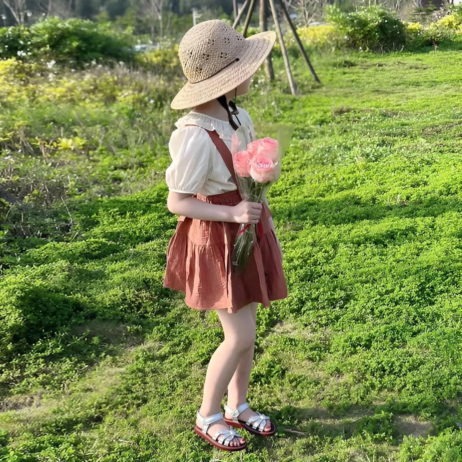 Girls' Flower Sandals, Breathable Leather Children's Toe-closing Sandals, Soft Rubber -slip Summer Shoes