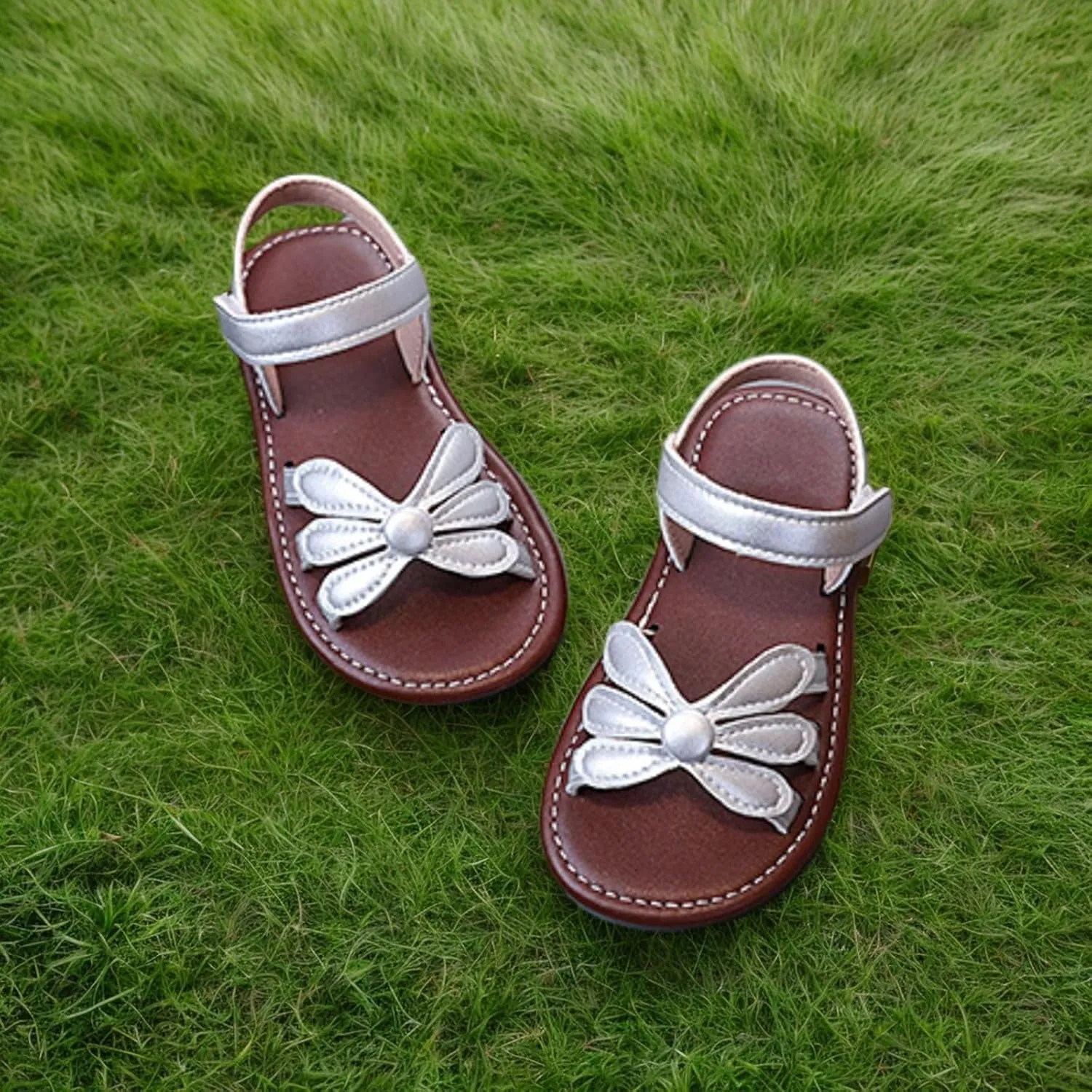 Girls' Flower Sandals, Breathable Leather Children's Toe-closing Sandals, Soft Rubber -slip Summer Shoes