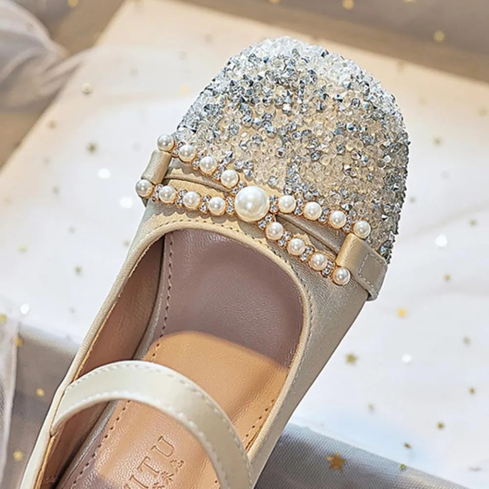 Girls Glitter Low Heel Mary Jane Flats Flower Princess Party Wedding Bow Dress Shoes for Kids