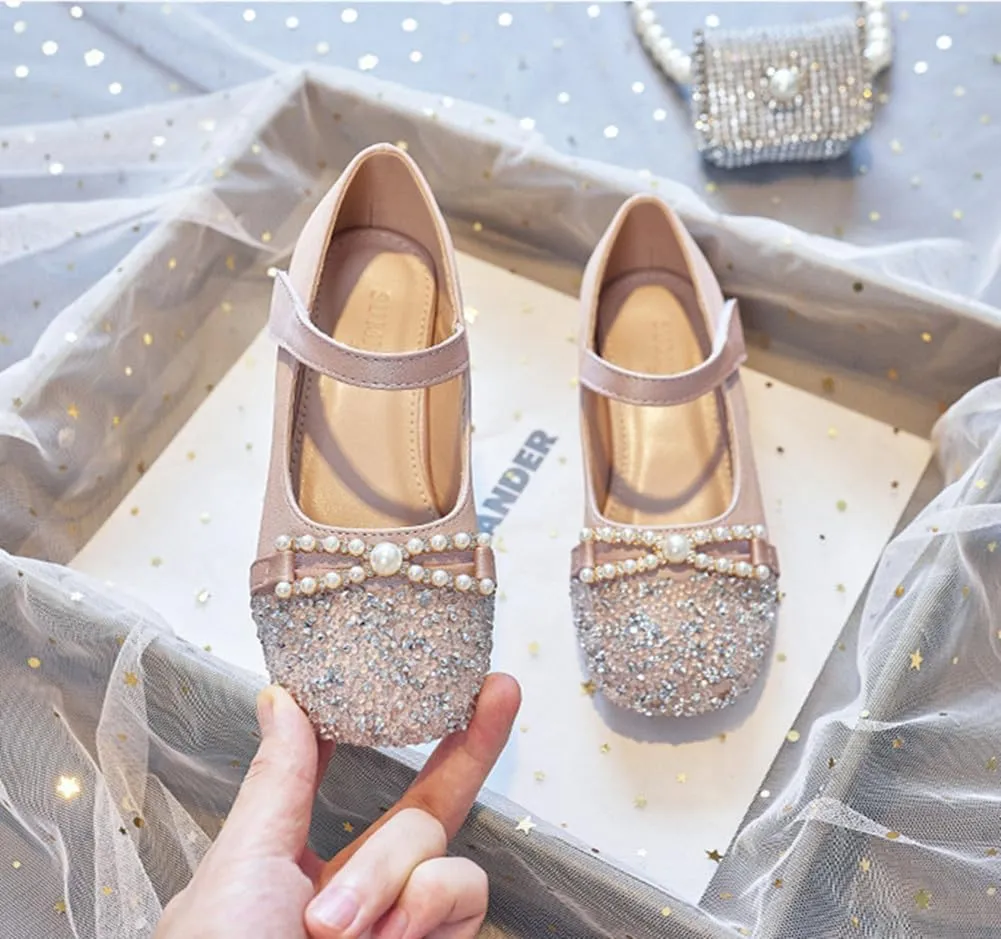 Girls Glitter Low Heel Mary Jane Flats Flower Princess Party Wedding Bow Dress Shoes for Kids