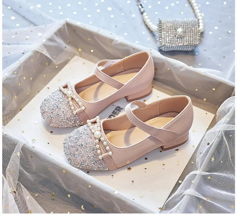 Girls Glitter Low Heel Mary Jane Flats Flower Princess Party Wedding Bow Dress Shoes for Kids