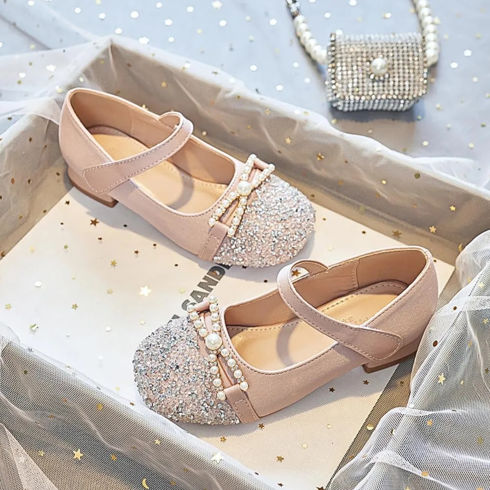 Girls Glitter Low Heel Mary Jane Flats Flower Princess Party Wedding Bow Dress Shoes for Kids