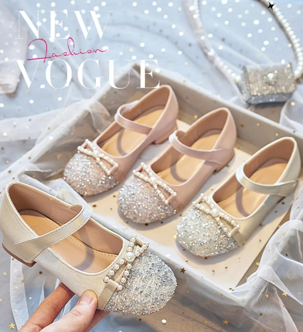 Girls Glitter Low Heel Mary Jane Flats Flower Princess Party Wedding Bow Dress Shoes for Kids