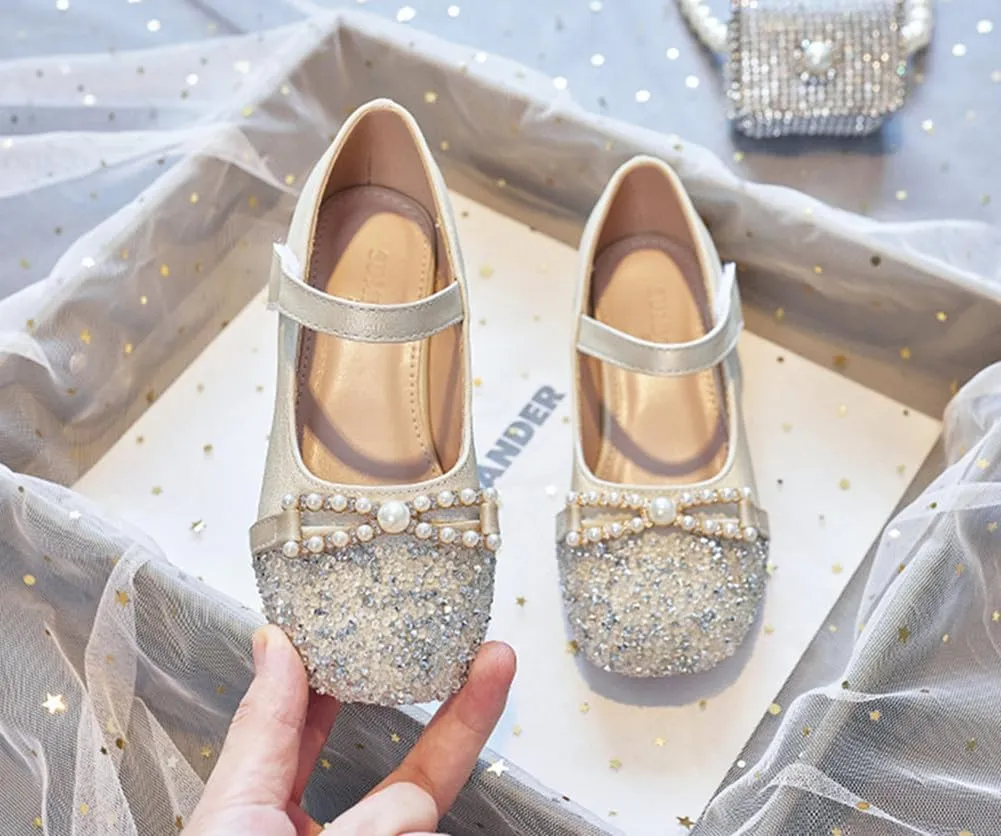Girls Glitter Low Heel Mary Jane Flats Flower Princess Party Wedding Bow Dress Shoes for Kids