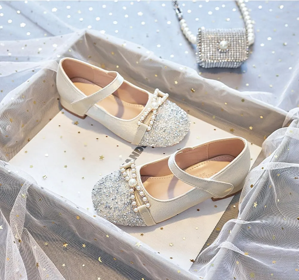 Girls Glitter Low Heel Mary Jane Flats Flower Princess Party Wedding Bow Dress Shoes for Kids