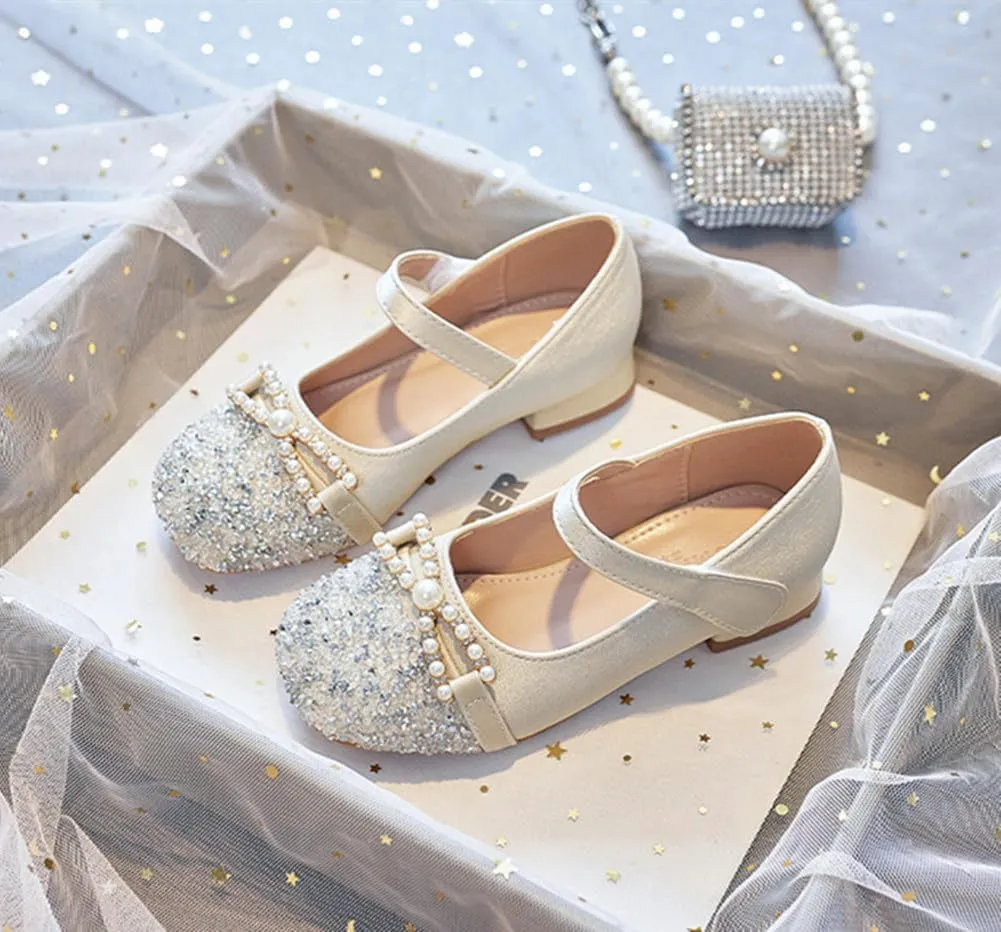 Girls Glitter Low Heel Mary Jane Flats Flower Princess Party Wedding Bow Dress Shoes for Kids
