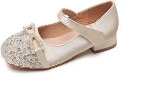 Girls Glitter Low Heel Mary Jane Flats Flower Princess Party Wedding Bow Dress Shoes for Kids