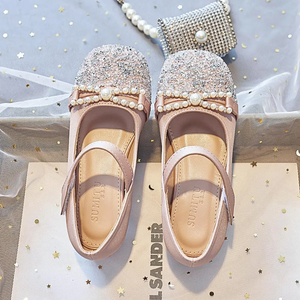 Girls Glitter Low Heel Mary Jane Flats Flower Princess Party Wedding Bow Dress Shoes for Kids