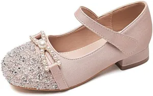 Girls Glitter Low Heel Mary Jane Flats Flower Princess Party Wedding Bow Dress Shoes for Kids
